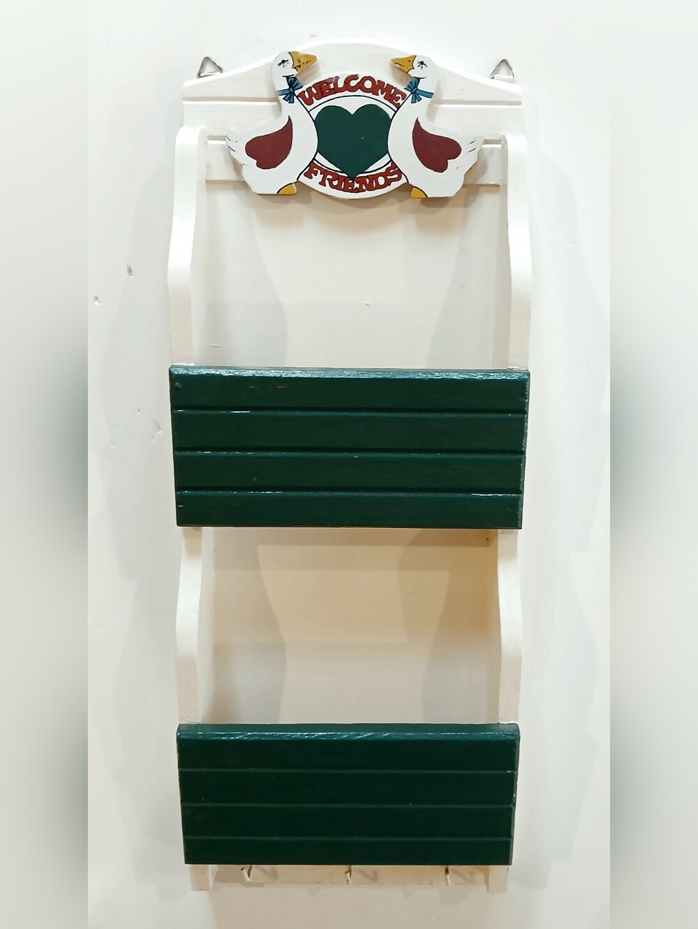 Vintage Welcome Friends  Wall Letter Holder And Jey Hooks White & Dark Green